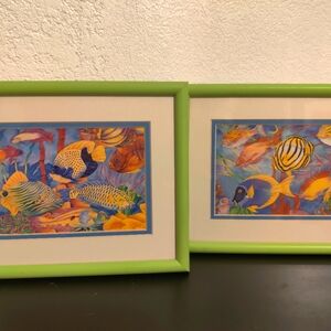 Pair of tropical fish pictures in matted frames